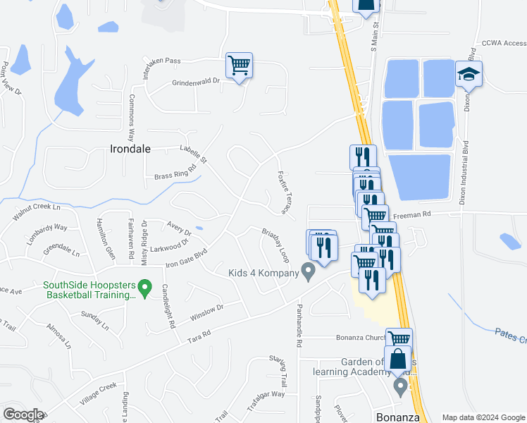 map of restaurants, bars, coffee shops, grocery stores, and more near 10252 Foxfire Terrace in Jonesboro