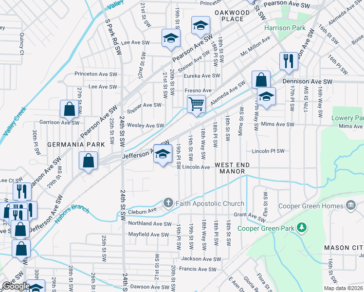 map of restaurants, bars, coffee shops, grocery stores, and more near 1213 19th Place Southwest in Birmingham