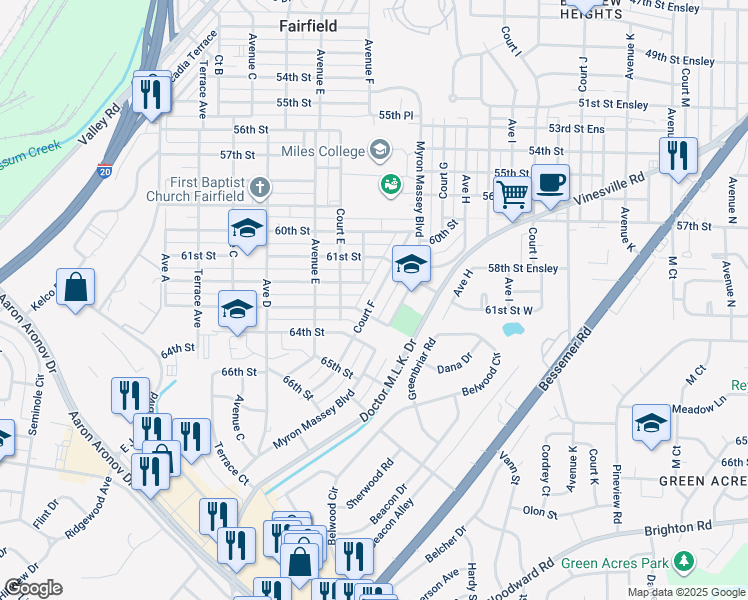 map of restaurants, bars, coffee shops, grocery stores, and more near 6149 Myron Massey Boulevard in Fairfield