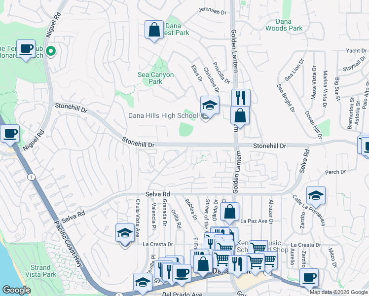 map of restaurants, bars, coffee shops, grocery stores, and more near 33531 Street of the Blue Lantern in Dana Point