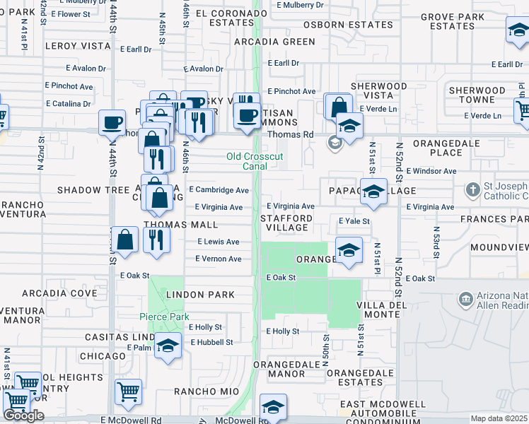 map of restaurants, bars, coffee shops, grocery stores, and more near 2515 North 48th Street in Phoenix