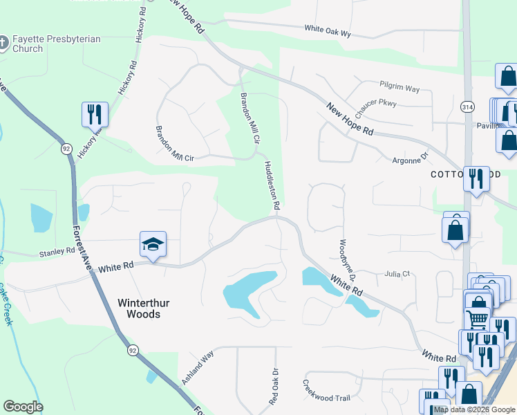 map of restaurants, bars, coffee shops, grocery stores, and more near 235 White Road in Fayetteville