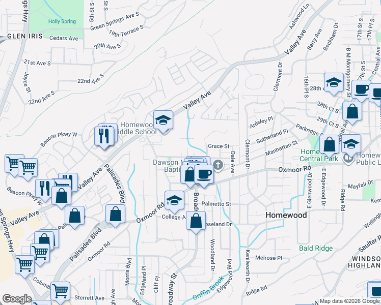 map of restaurants, bars, coffee shops, grocery stores, and more near 308 Saint Charles Street in Homewood