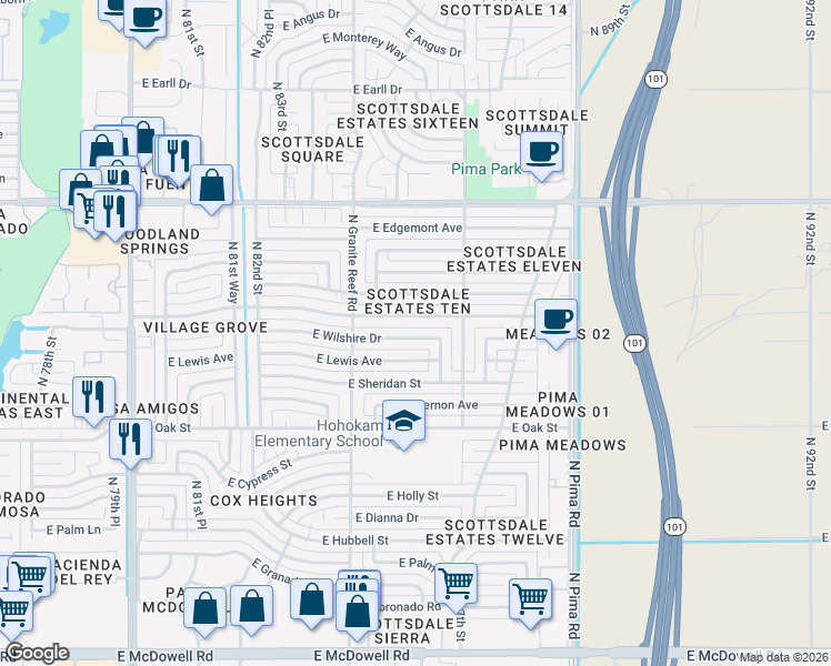 map of restaurants, bars, coffee shops, grocery stores, and more near 8444 East Lewis Avenue in Scottsdale