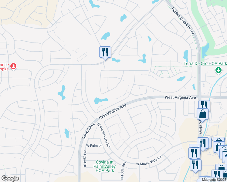 map of restaurants, bars, coffee shops, grocery stores, and more near 16073 West Windsor Avenue in Goodyear