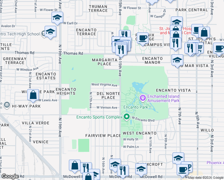 map of restaurants, bars, coffee shops, grocery stores, and more near 1510 West Lewis Avenue in Phoenix