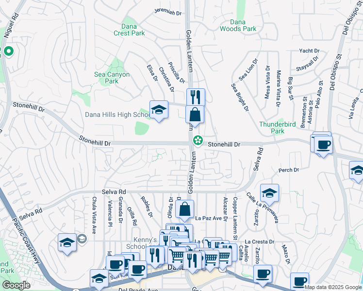 map of restaurants, bars, coffee shops, grocery stores, and more near 24566 Moonfire Drive in Dana Point