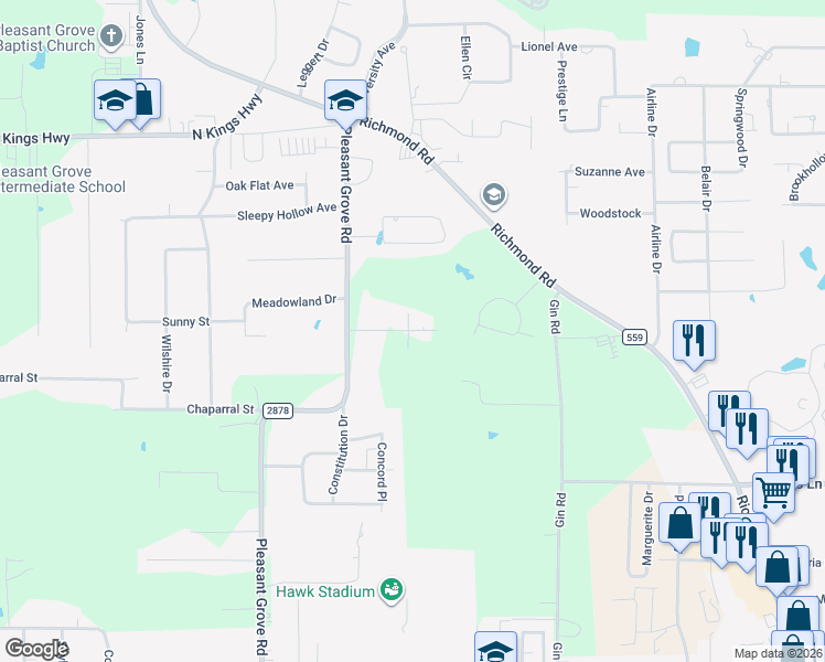 map of restaurants, bars, coffee shops, grocery stores, and more near 5602 West Kyle Street in Texarkana