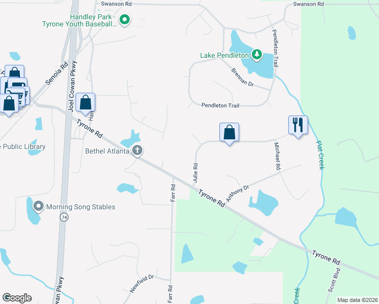map of restaurants, bars, coffee shops, grocery stores, and more near 120 Julie Road in Tyrone