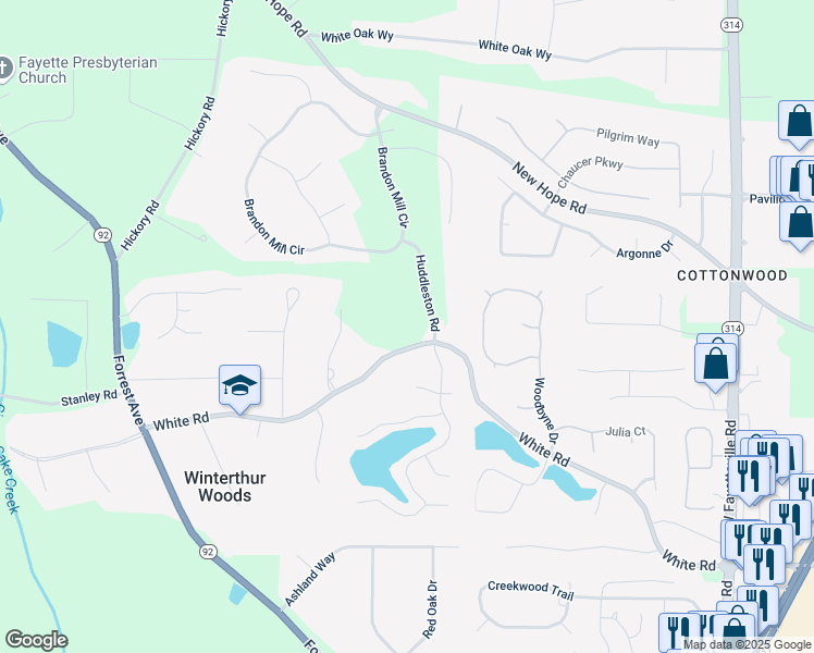 map of restaurants, bars, coffee shops, grocery stores, and more near 230 White Road in Fayetteville