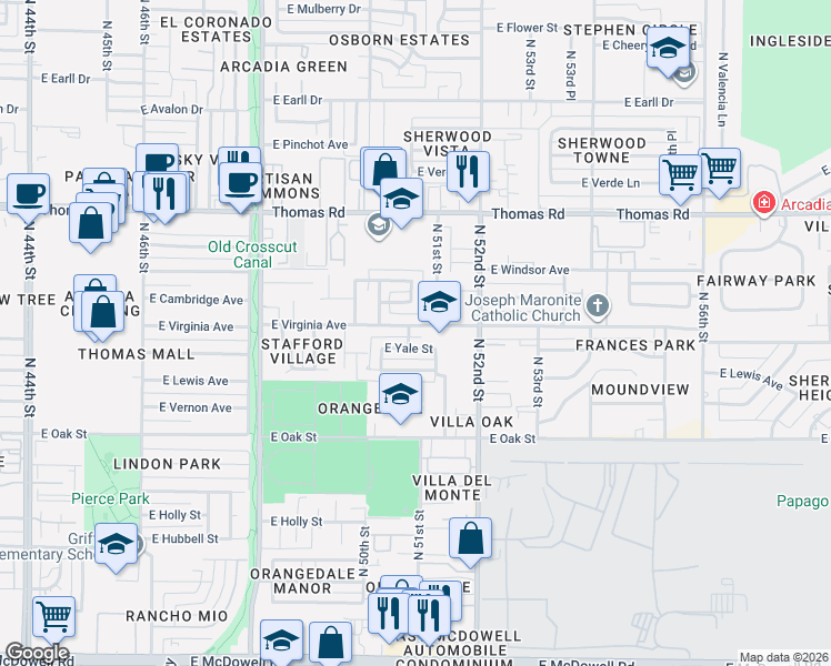 map of restaurants, bars, coffee shops, grocery stores, and more near 5033 East Yale Street in Phoenix