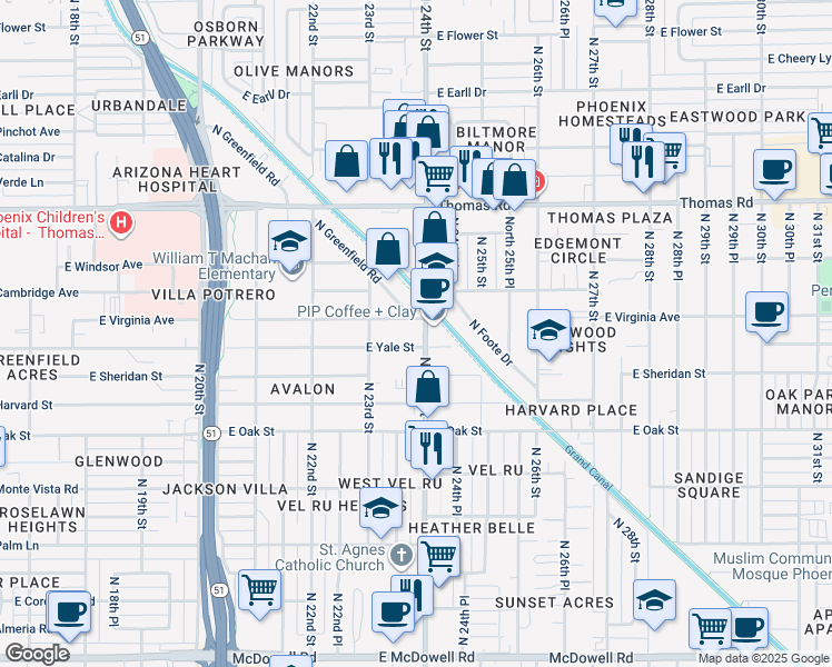 map of restaurants, bars, coffee shops, grocery stores, and more near 2524 North 24th Street in Phoenix