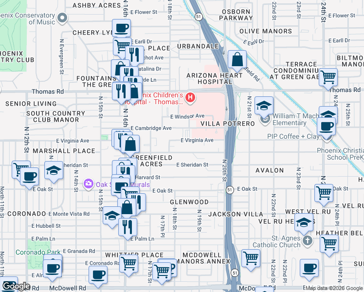 map of restaurants, bars, coffee shops, grocery stores, and more near 1821 East Yale Street in Phoenix