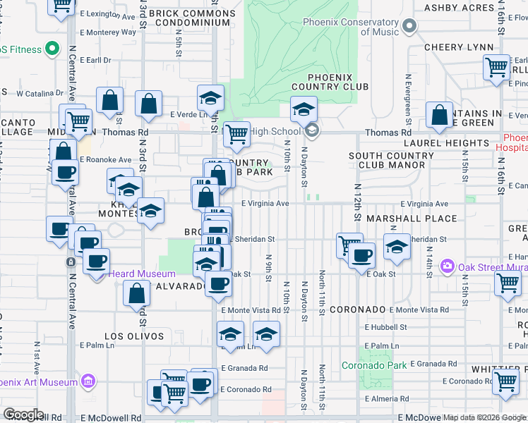 map of restaurants, bars, coffee shops, grocery stores, and more near 2518 North 9th Street in Phoenix