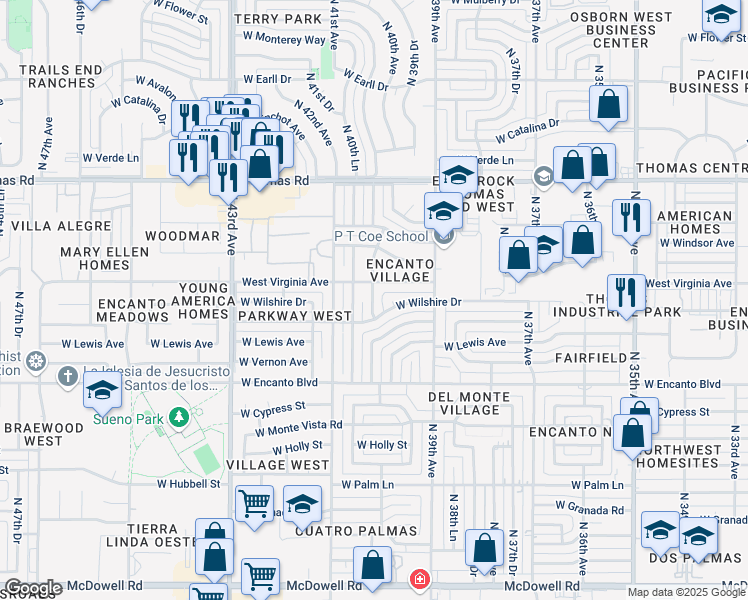 map of restaurants, bars, coffee shops, grocery stores, and more near 2524 North 40th Avenue in Phoenix