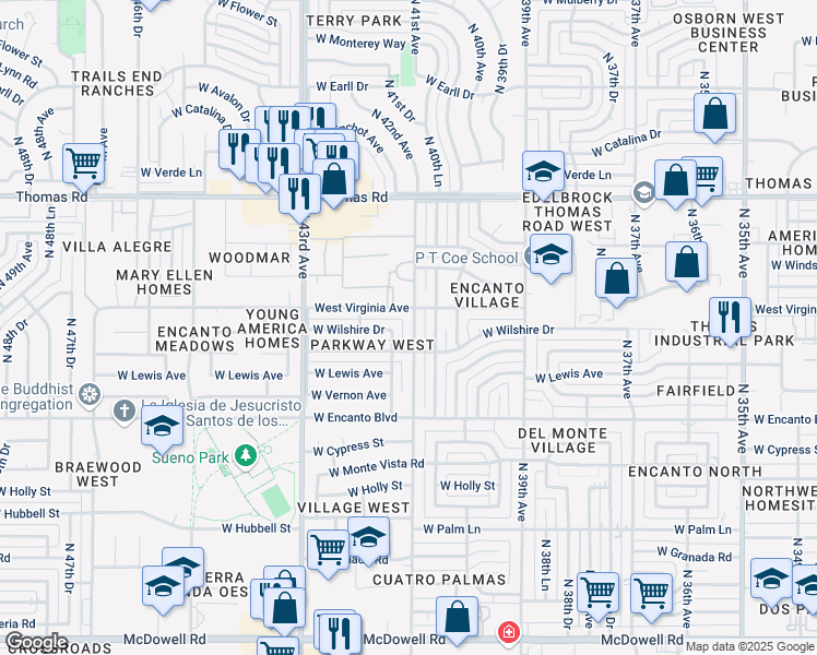 map of restaurants, bars, coffee shops, grocery stores, and more near 4102 West Sheridan Street in Phoenix