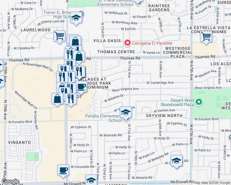 map of restaurants, bars, coffee shops, grocery stores, and more near 7133 West Wilshire Drive in Phoenix