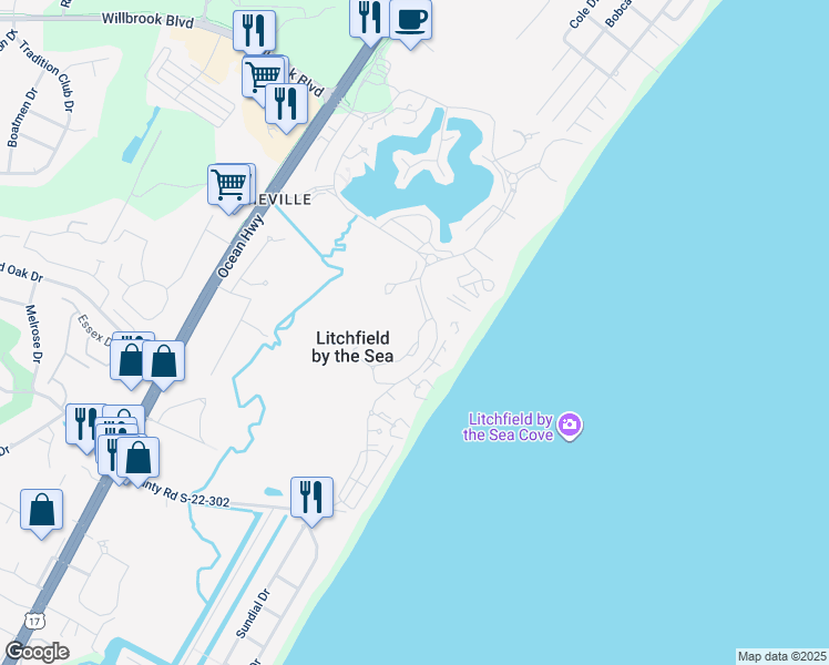 map of restaurants, bars, coffee shops, grocery stores, and more near 178 Heron Marsh Drive in Pawleys Island