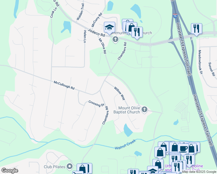 map of restaurants, bars, coffee shops, grocery stores, and more near 195 Willow Way in Stockbridge
