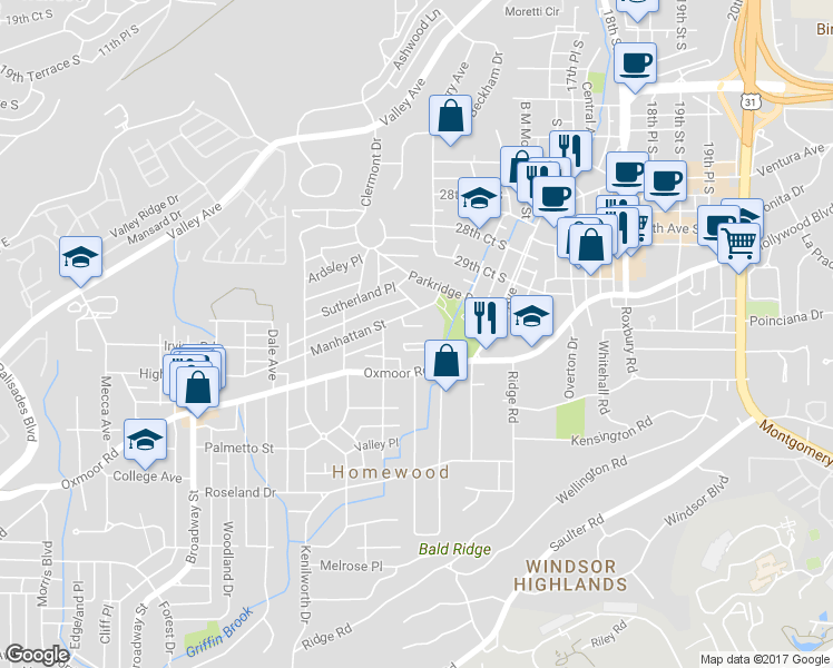 map of restaurants, bars, coffee shops, grocery stores, and more near 1632 Oxmoor Road in Birmingham