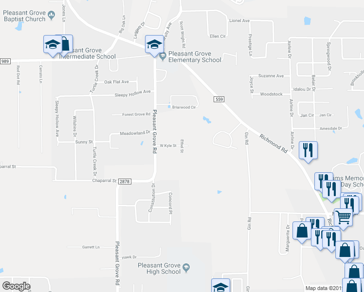map of restaurants, bars, coffee shops, grocery stores, and more near Ethel Street in Texarkana