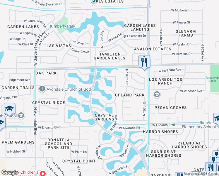 map of restaurants, bars, coffee shops, grocery stores, and more near 10915 West Cambridge Avenue in Avondale