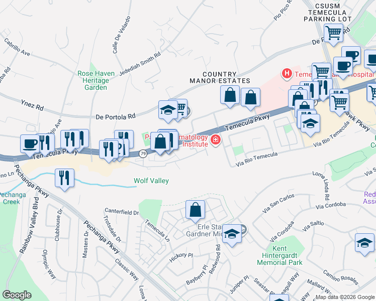 map of restaurants, bars, coffee shops, grocery stores, and more near 31283 Taylor Lane in Temecula