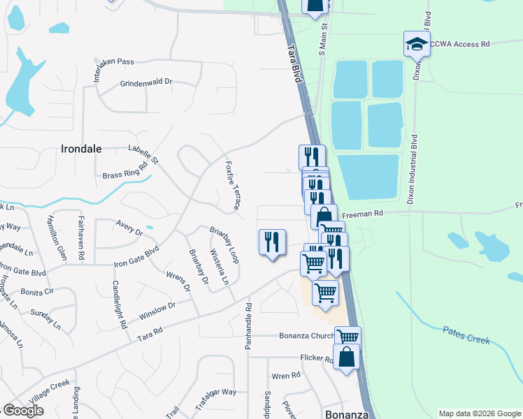map of restaurants, bars, coffee shops, grocery stores, and more near 1525 Iris Walk in Jonesboro
