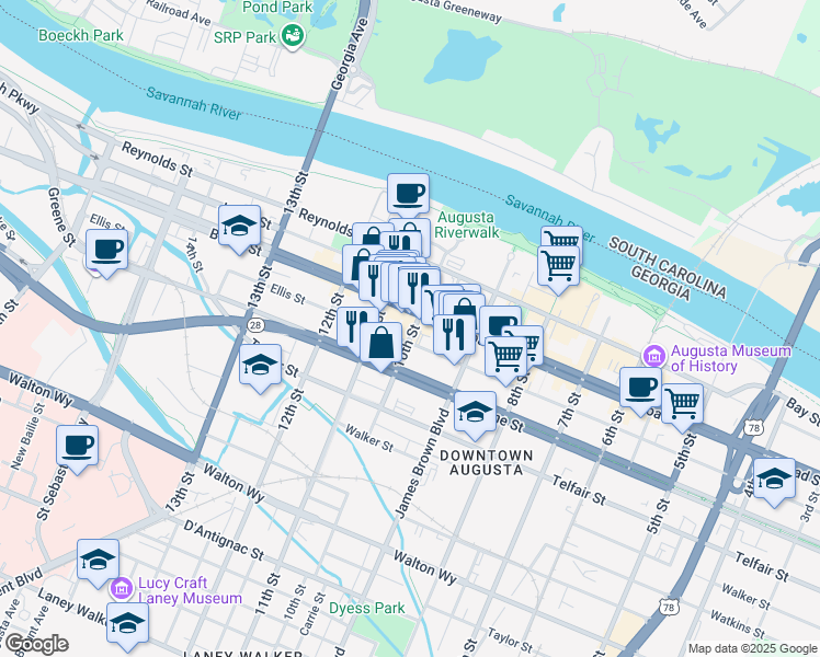 map of restaurants, bars, coffee shops, grocery stores, and more near 303 10th Street in Augusta