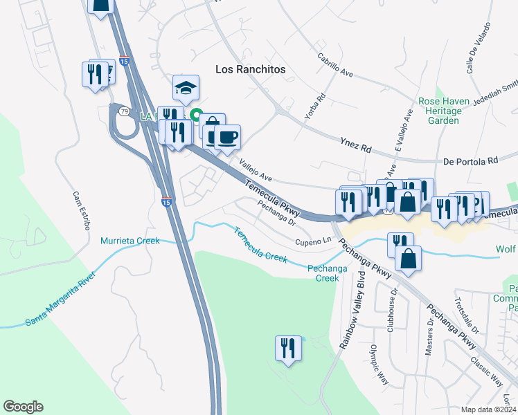 map of restaurants, bars, coffee shops, grocery stores, and more near 30225 Pechanga Drive in Temecula
