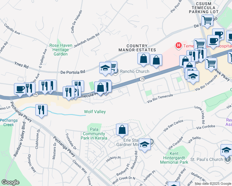 map of restaurants, bars, coffee shops, grocery stores, and more near 31289 David Lane in Temecula
