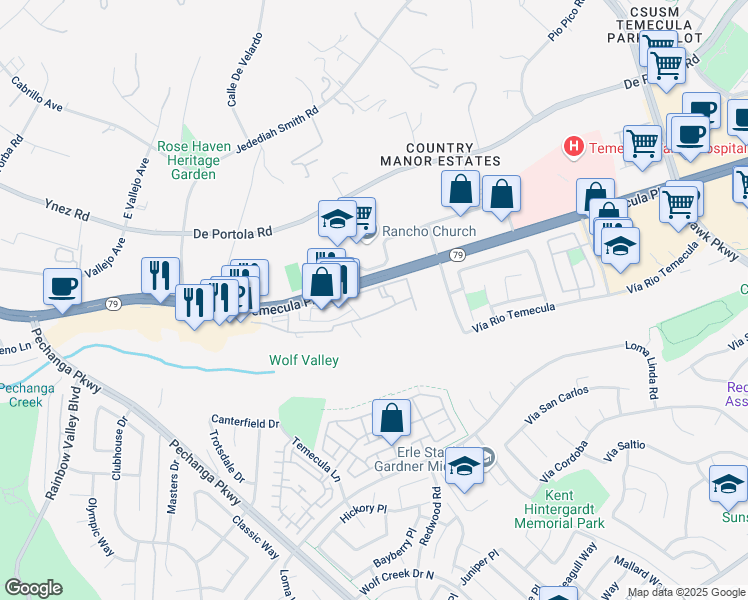 map of restaurants, bars, coffee shops, grocery stores, and more near 31289 David Lane in Temecula