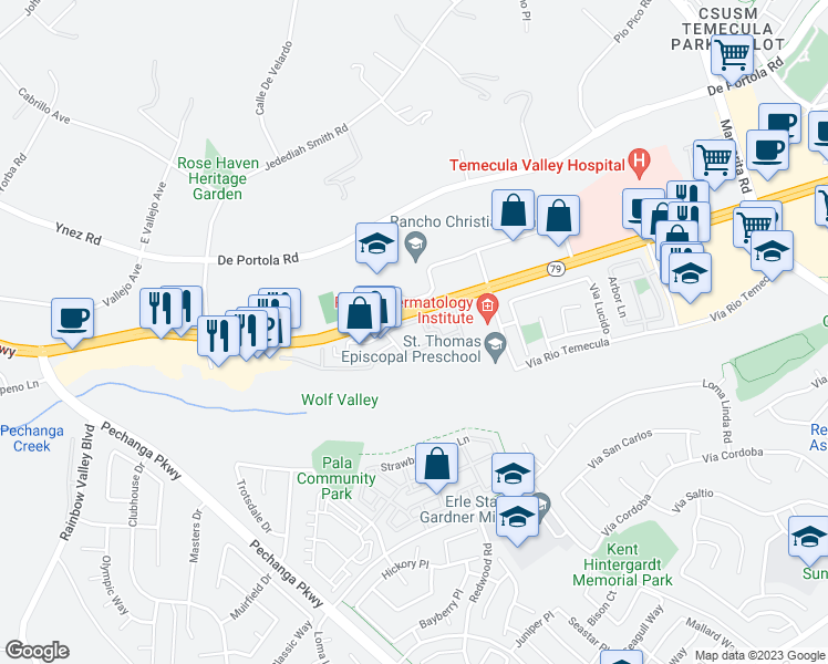 map of restaurants, bars, coffee shops, grocery stores, and more near 31283 Taylor Lane in Temecula