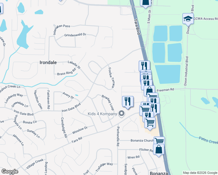 map of restaurants, bars, coffee shops, grocery stores, and more near 10241 Foxfire Terrace in Jonesboro