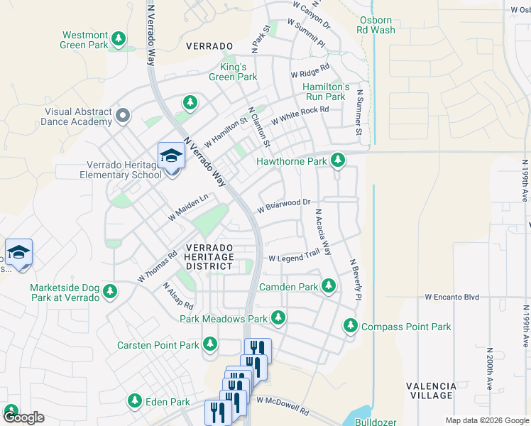 map of restaurants, bars, coffee shops, grocery stores, and more near 20635 West Point Ridge Road in Buckeye