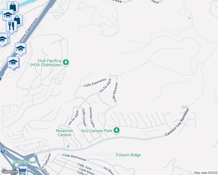 map of restaurants, bars, coffee shops, grocery stores, and more near 33506 Via De Agua in San Juan Capistrano