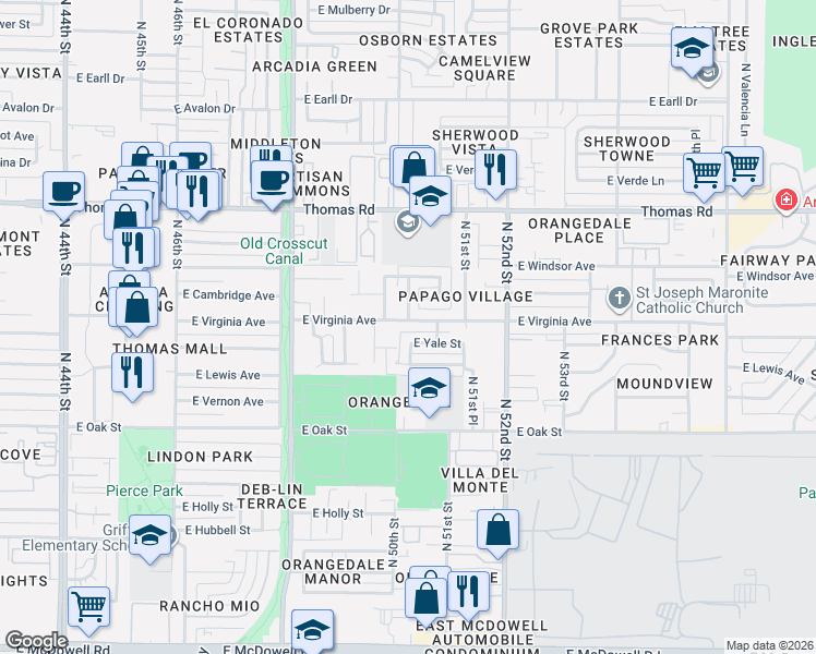 map of restaurants, bars, coffee shops, grocery stores, and more near 2528 North 50th Street in Phoenix