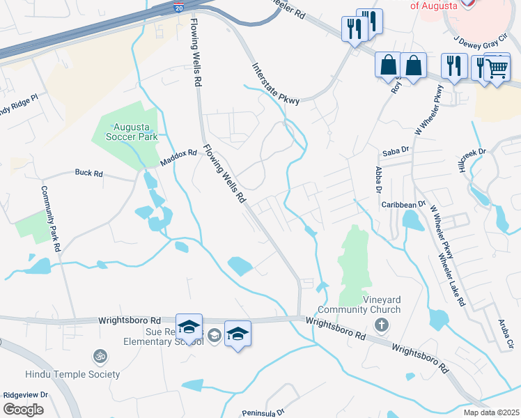 map of restaurants, bars, coffee shops, grocery stores, and more near Helena Springs Lane in Augusta