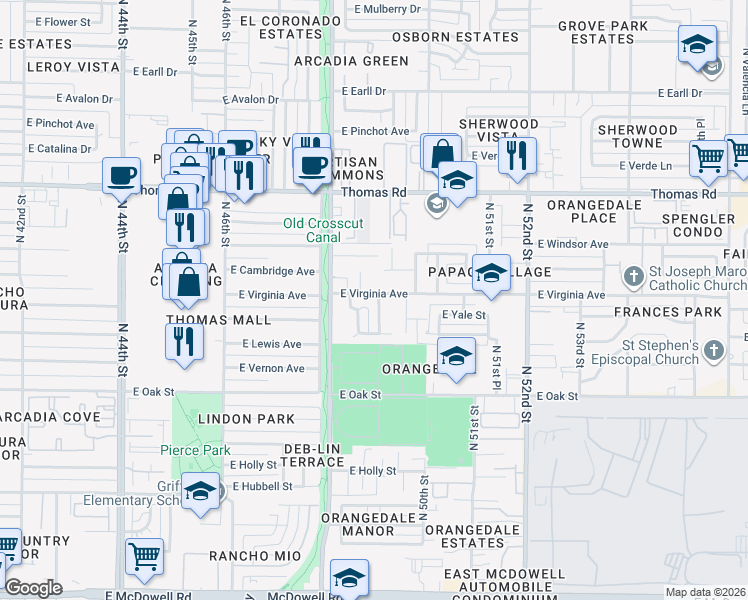 map of restaurants, bars, coffee shops, grocery stores, and more near 2523 North 48th Place in Phoenix