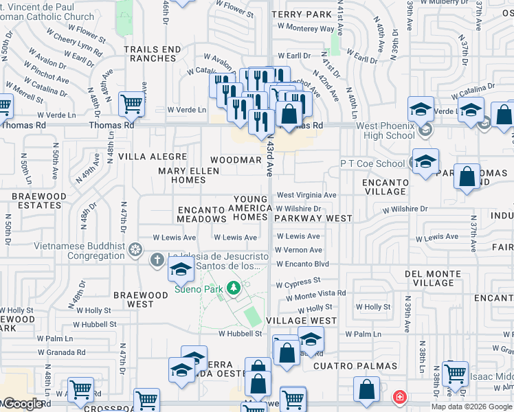 map of restaurants, bars, coffee shops, grocery stores, and more near 2602 North 43rd Avenue in Phoenix