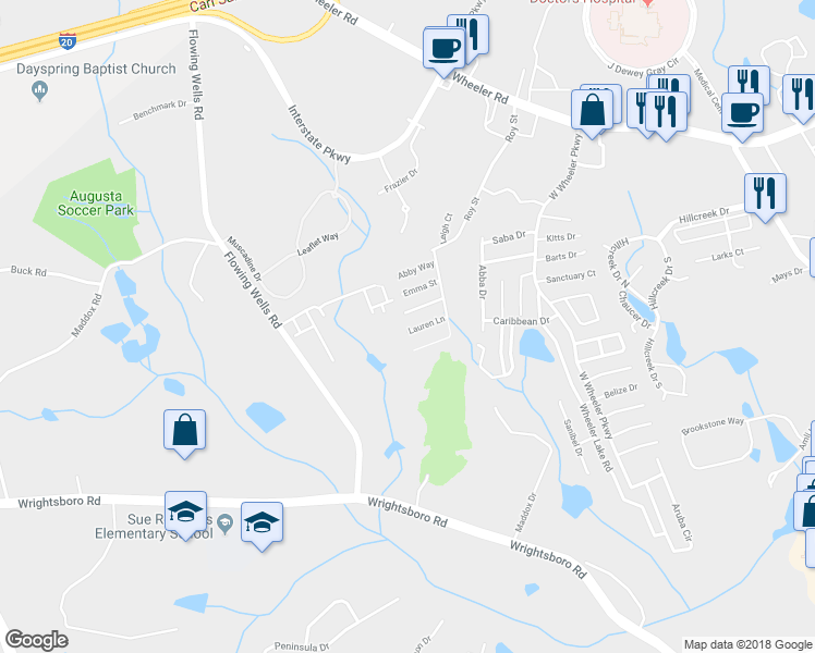 map of restaurants, bars, coffee shops, grocery stores, and more near 1839 Lauren Lane in Augusta
