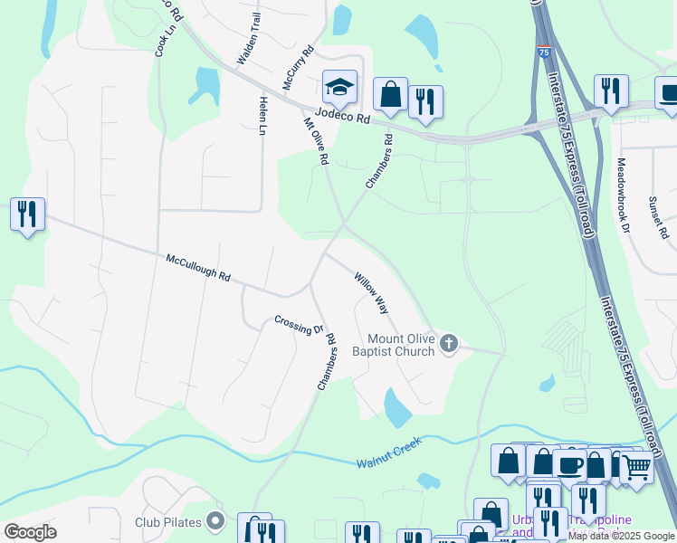 map of restaurants, bars, coffee shops, grocery stores, and more near 195 Willow Way in Stockbridge