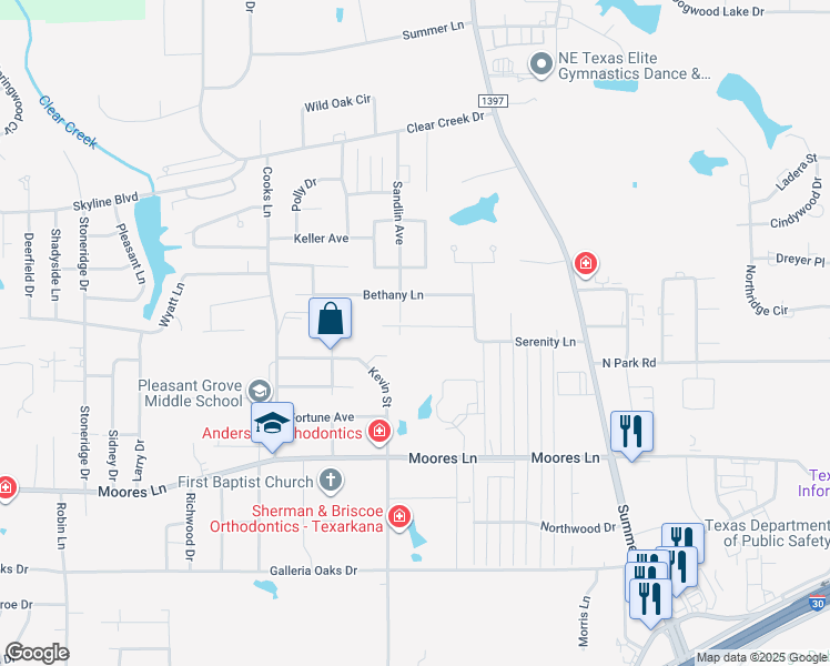 map of restaurants, bars, coffee shops, grocery stores, and more near 2805 Landon Lane in Texarkana