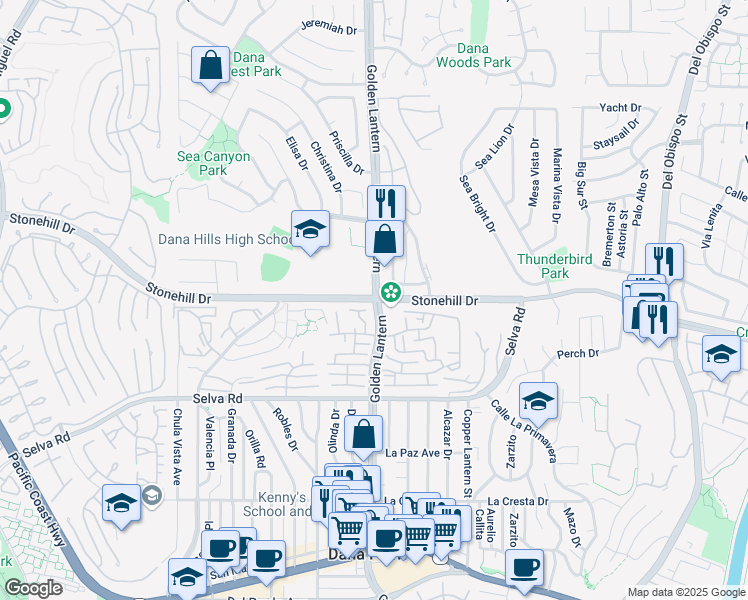 map of restaurants, bars, coffee shops, grocery stores, and more near Golden Lantern Street & Stonehill Drive in Dana Point