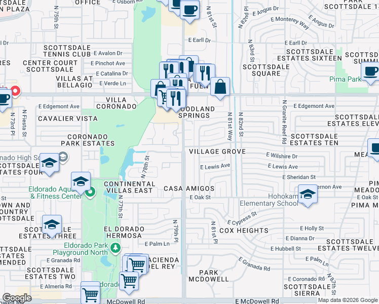 map of restaurants, bars, coffee shops, grocery stores, and more near 2601 North Hayden Road in Scottsdale