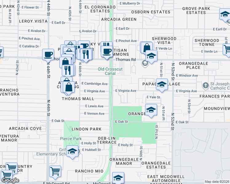 map of restaurants, bars, coffee shops, grocery stores, and more near 2611 North 48th Street in Phoenix