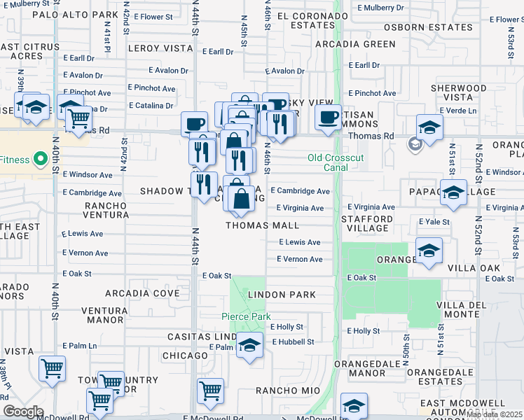map of restaurants, bars, coffee shops, grocery stores, and more near 4601 East Cambridge Avenue in Phoenix