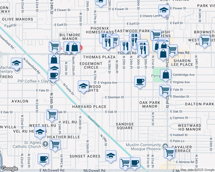 map of restaurants, bars, coffee shops, grocery stores, and more near 2802 East Virginia Avenue in Phoenix