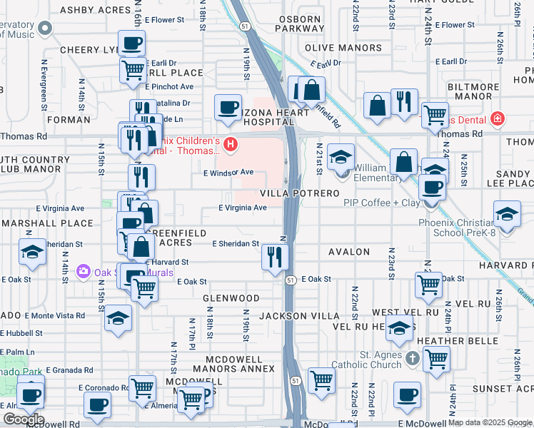 map of restaurants, bars, coffee shops, grocery stores, and more near 2632 North 20th Street in Phoenix