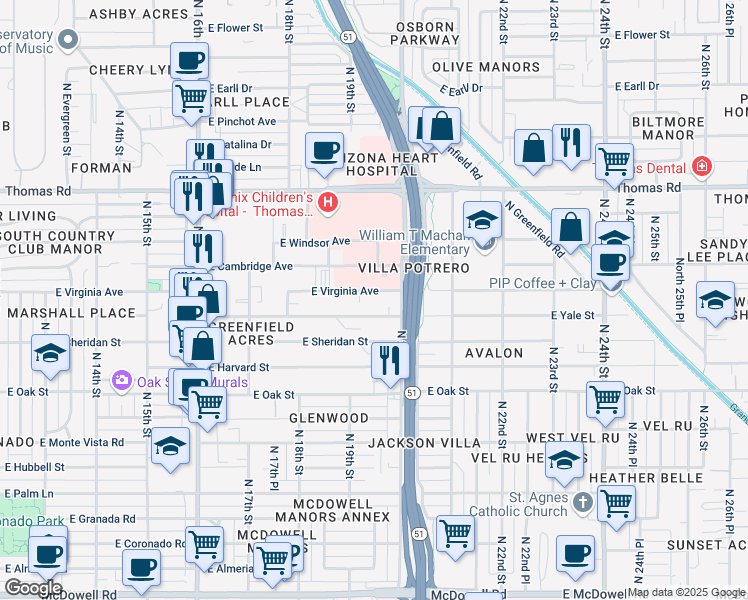 map of restaurants, bars, coffee shops, grocery stores, and more near 2632 North 20th Street in Phoenix